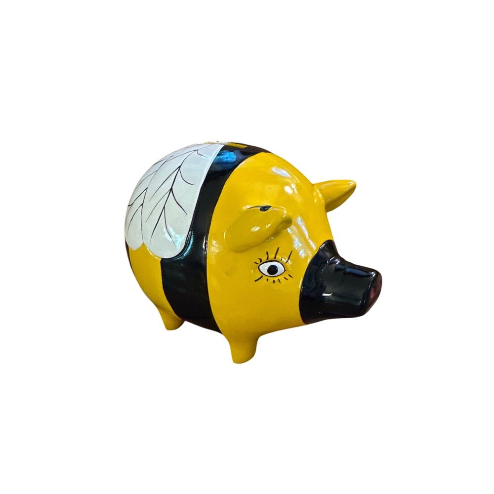 Ceramic Piggy Bank Bee Pig Bumblebee Yellow Black Stripe Whimsical Winged